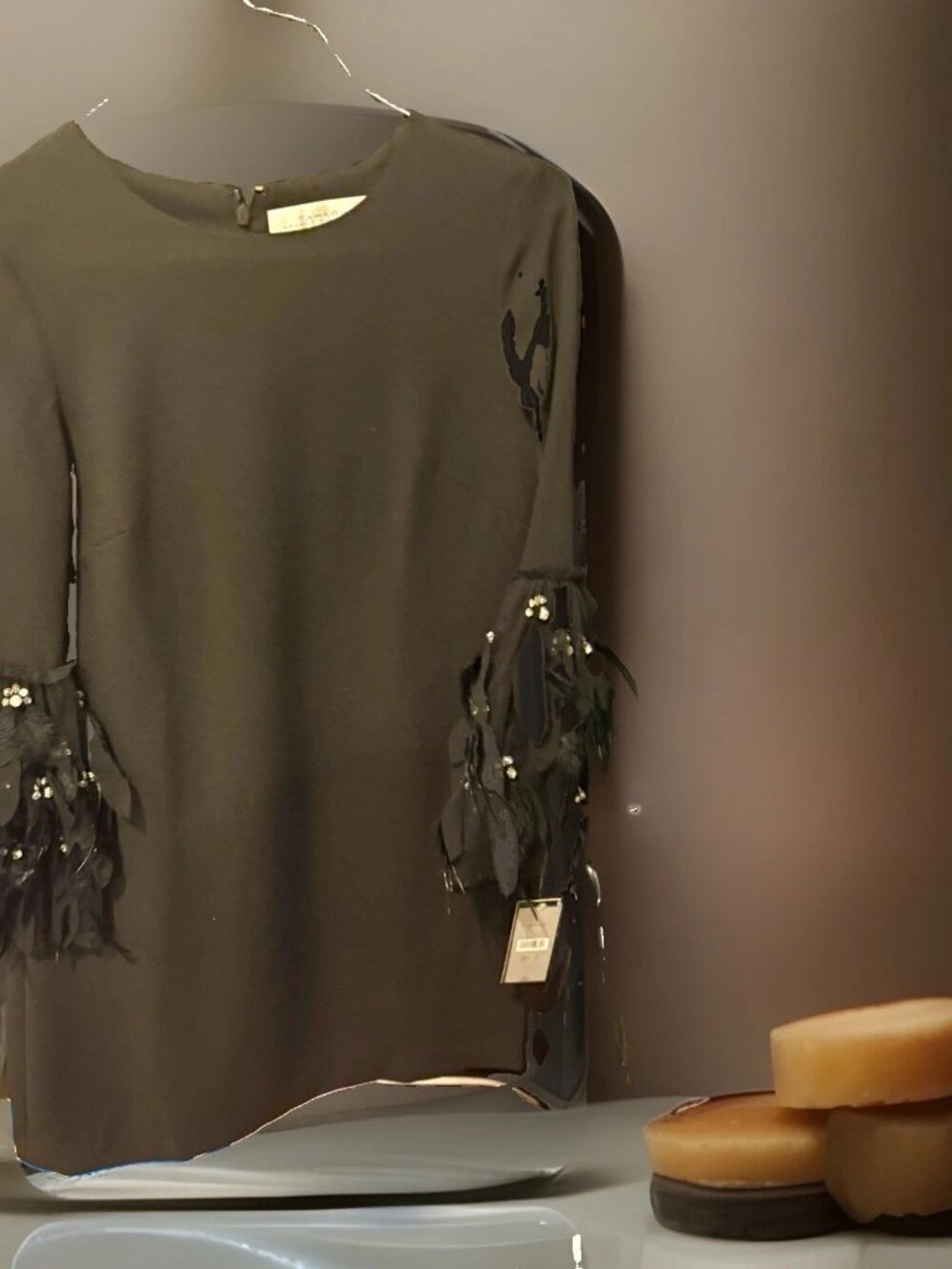 Tahari Arthur S. Levine Black Feather Beaded Midi Dress 3/4 Sleeve 4